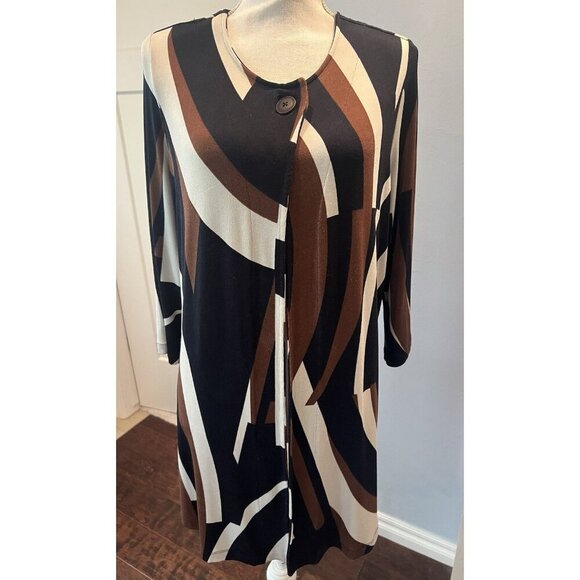 Chico's Travelers Cardigan Sweater Size 2 Navy Brown Cream Geometric Longline - Picture 1 of 10